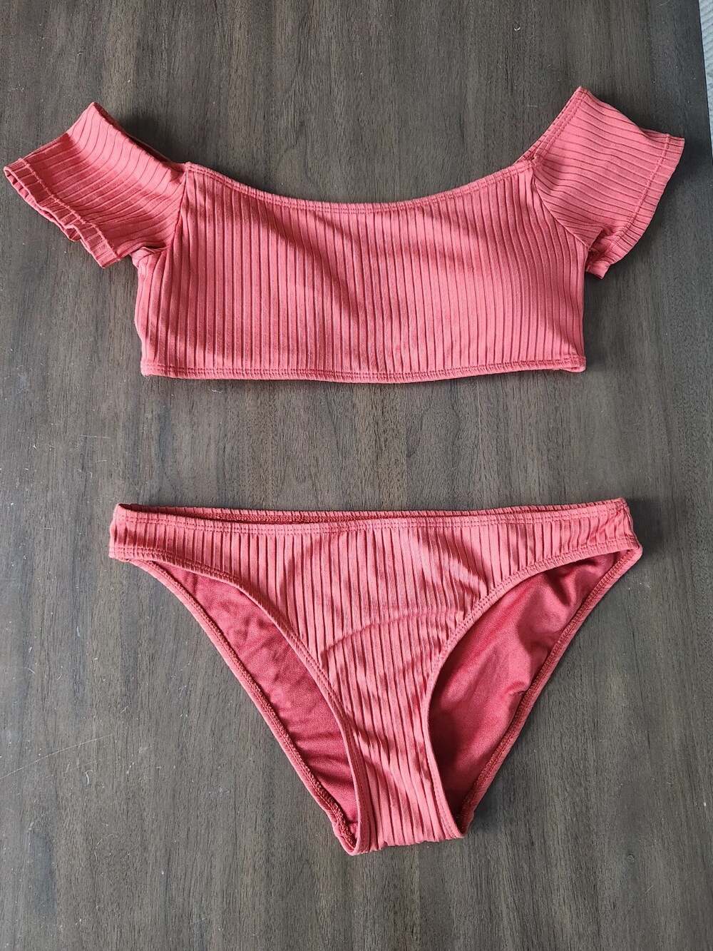 Cabana Del Sol Off The Shoulder Terracotta Ribbed Bikini 2 Piece Swimsuit M